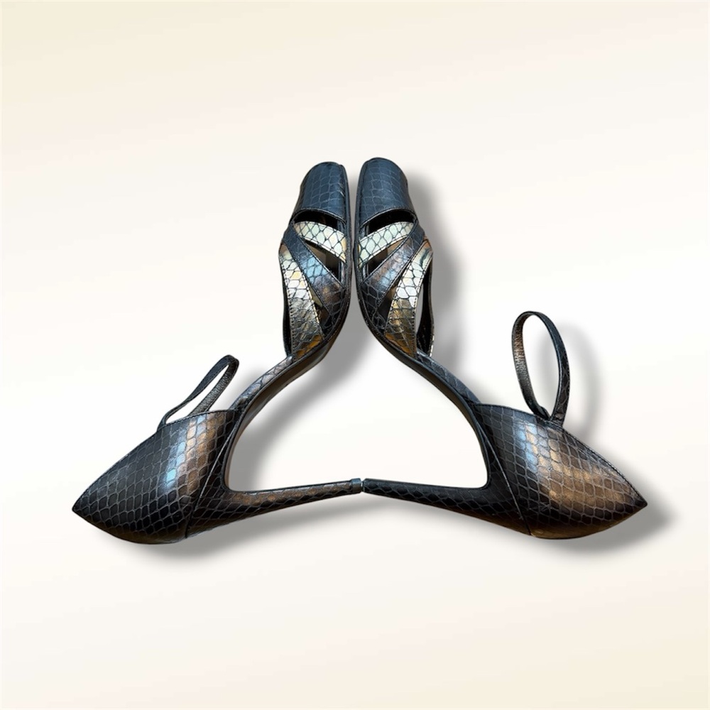 Calvin Klein Brown Textured Leather High Heel Mary Jane with Gold Accent - Picture 4 of 6
